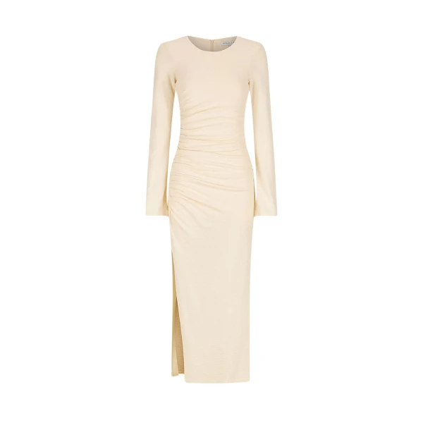 Beau Gathered Long Sleeve Midi Dress - Macadamia
