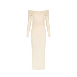 Beau Off Shoulder Twist Front Midi Dress - Macadamia