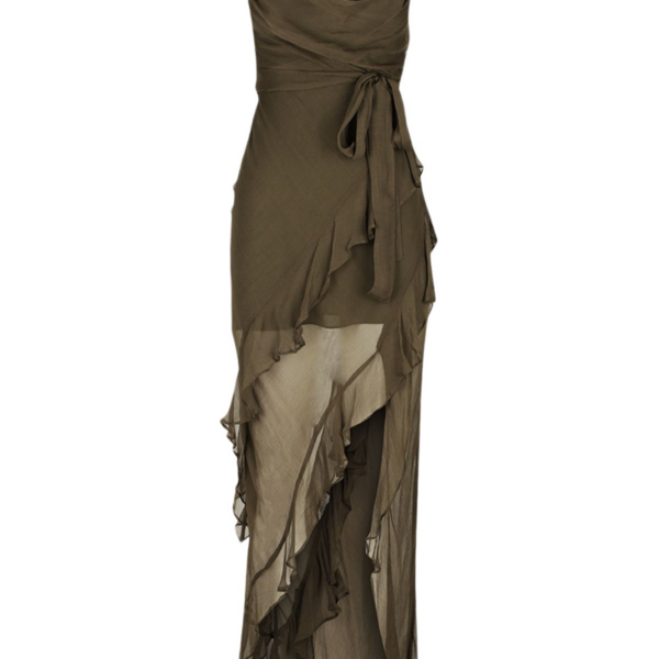 Shona Joy Oden Cowl Neck Asymmetrical Maxi Dress – Olive