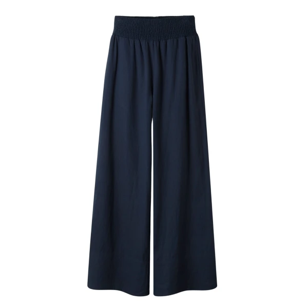 Linen-Blend Shirred Waist Wide-Leg Pant