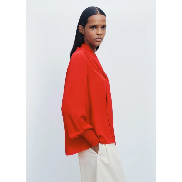 Silk V-Neck Tie Swing Blouse - Image 6