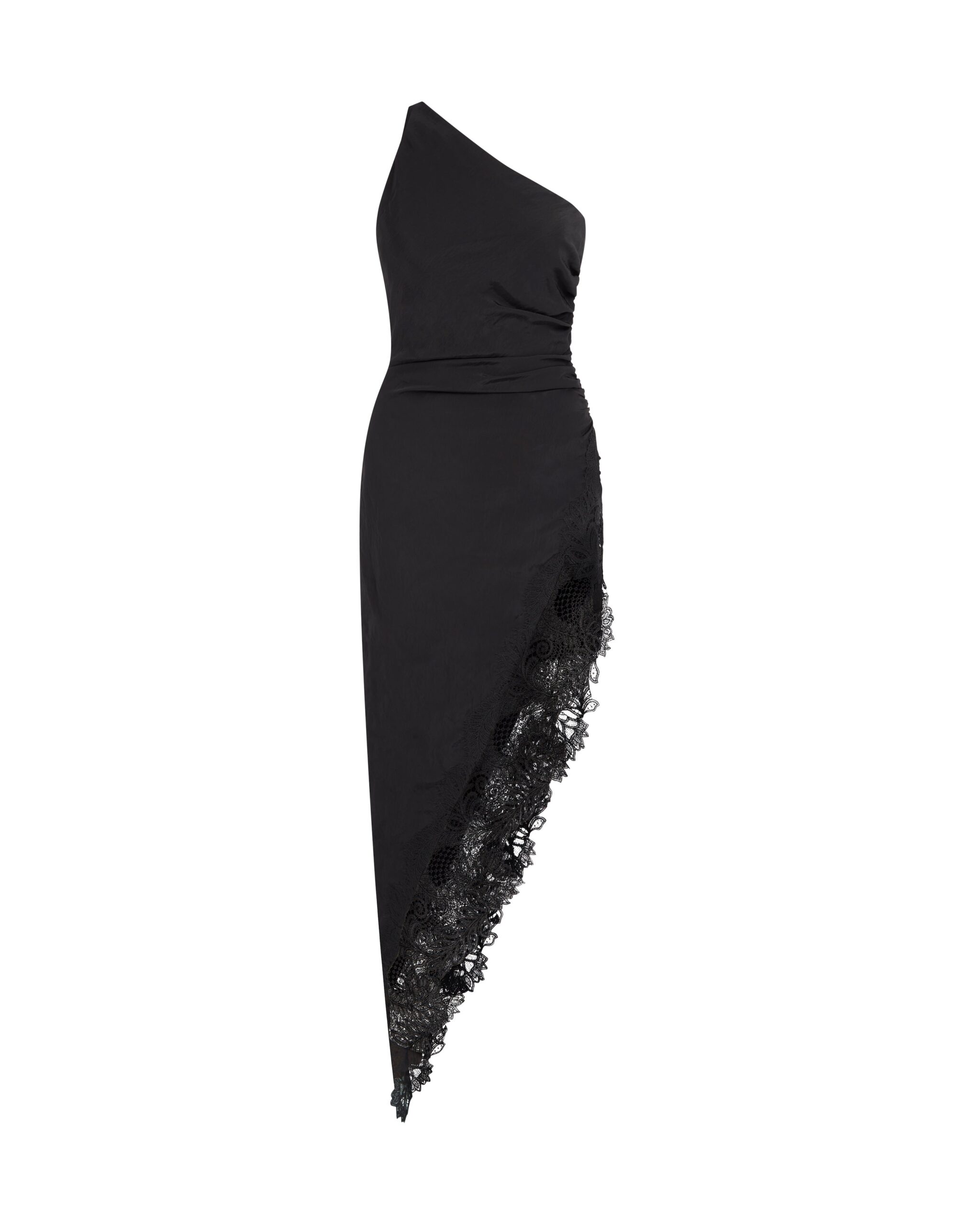David Koma Asymmetric Ruched And Lace Midi Dress