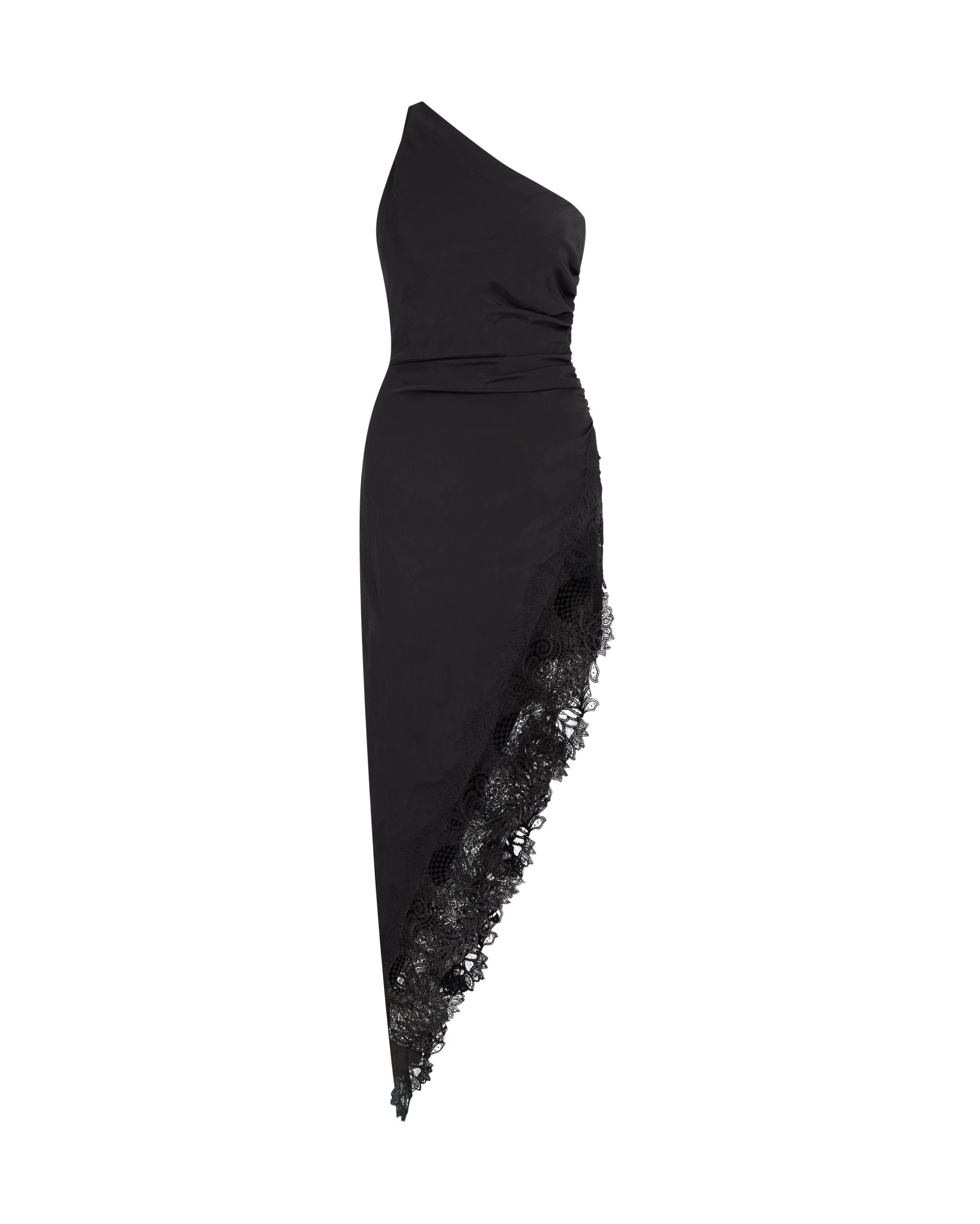 David Koma Asymmetric Ruched And Lace Midi Dress David Koma Asymmetric Ruched And Lace Midi Dress