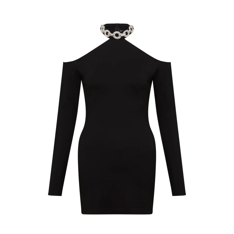 David Koma Embroidered Crystal Circle Chain Neck Mini Dress