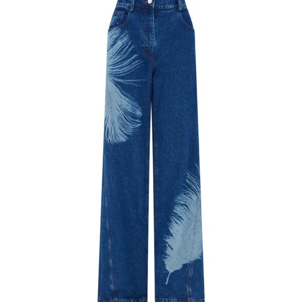 David Koma Feather Print Wide Leg Denim Trousers