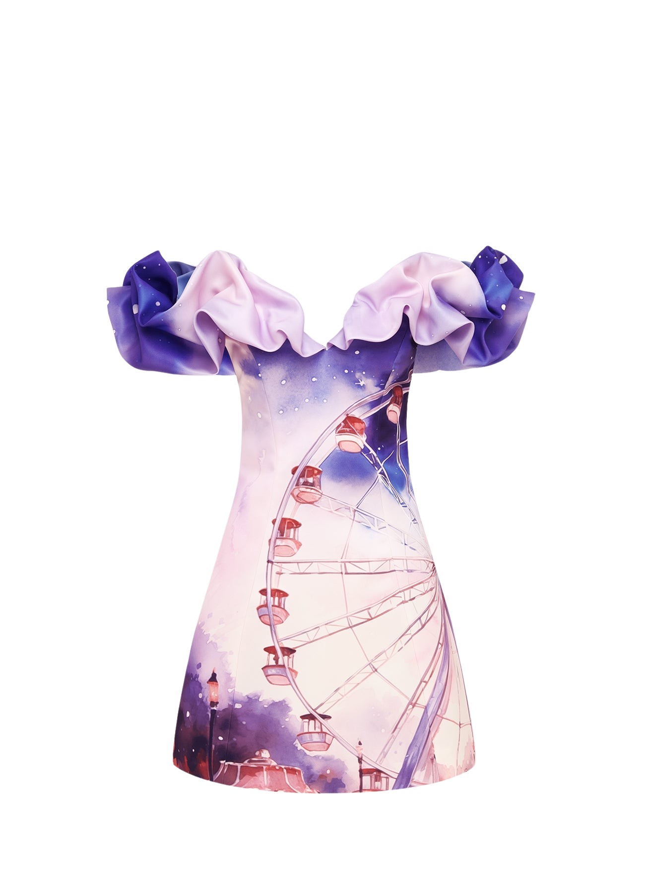Leo Lin Bella Off Shoulder Frill Mini Dress – Fairground Print