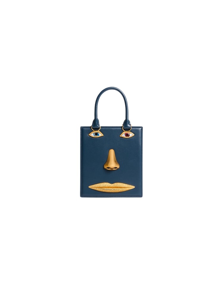 Schiaparelli Mini Anatomy Jewelry Bag in blue leather front view