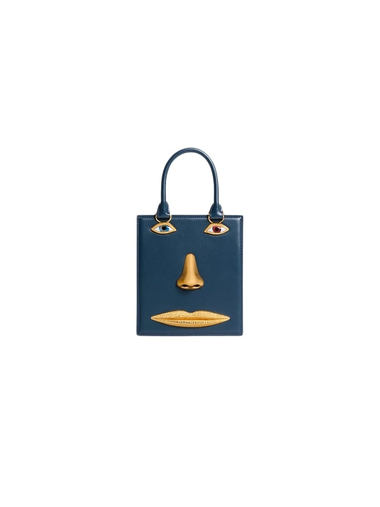 Schiaparelli Mini Anatomy Jewelry Bag in blue leather front view Schiaparelli Mini Anatomy Jewelry Bag in blue leather front view