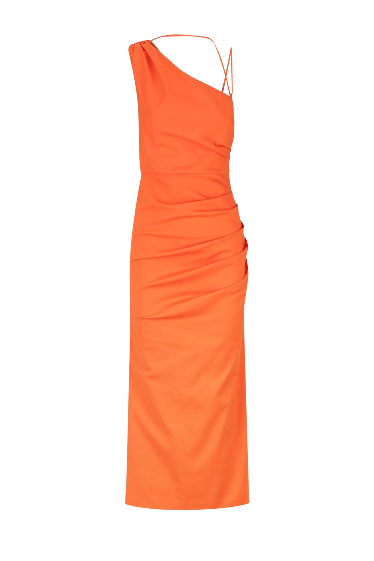 Shona Joy Lani Asymmetrical Gathered Midi Dress – Hibiscus