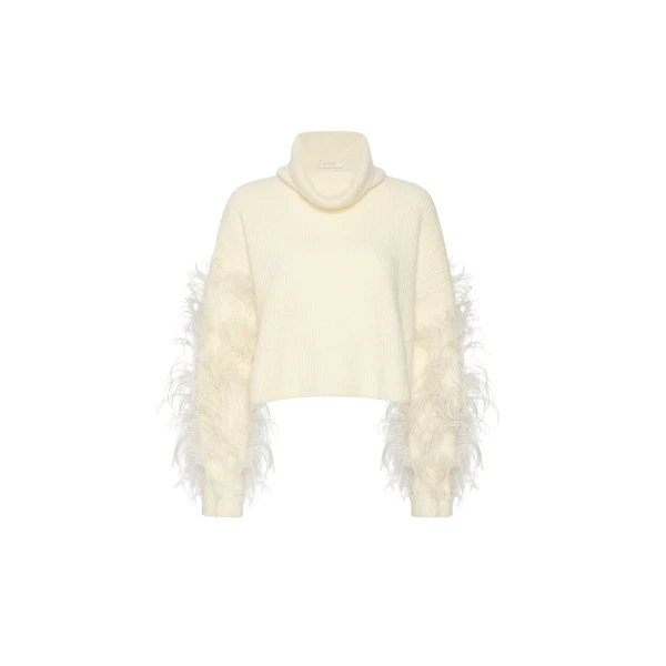 Cashmere Turtleneck Sweater With Feathers