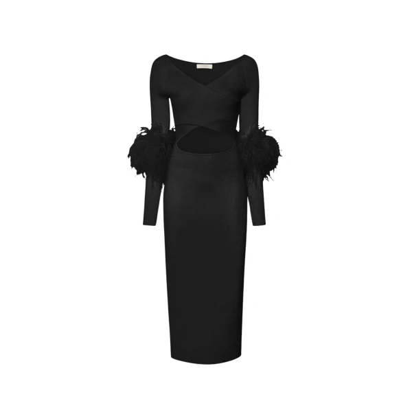Matte Viscose Cross Front Dress With Feathers