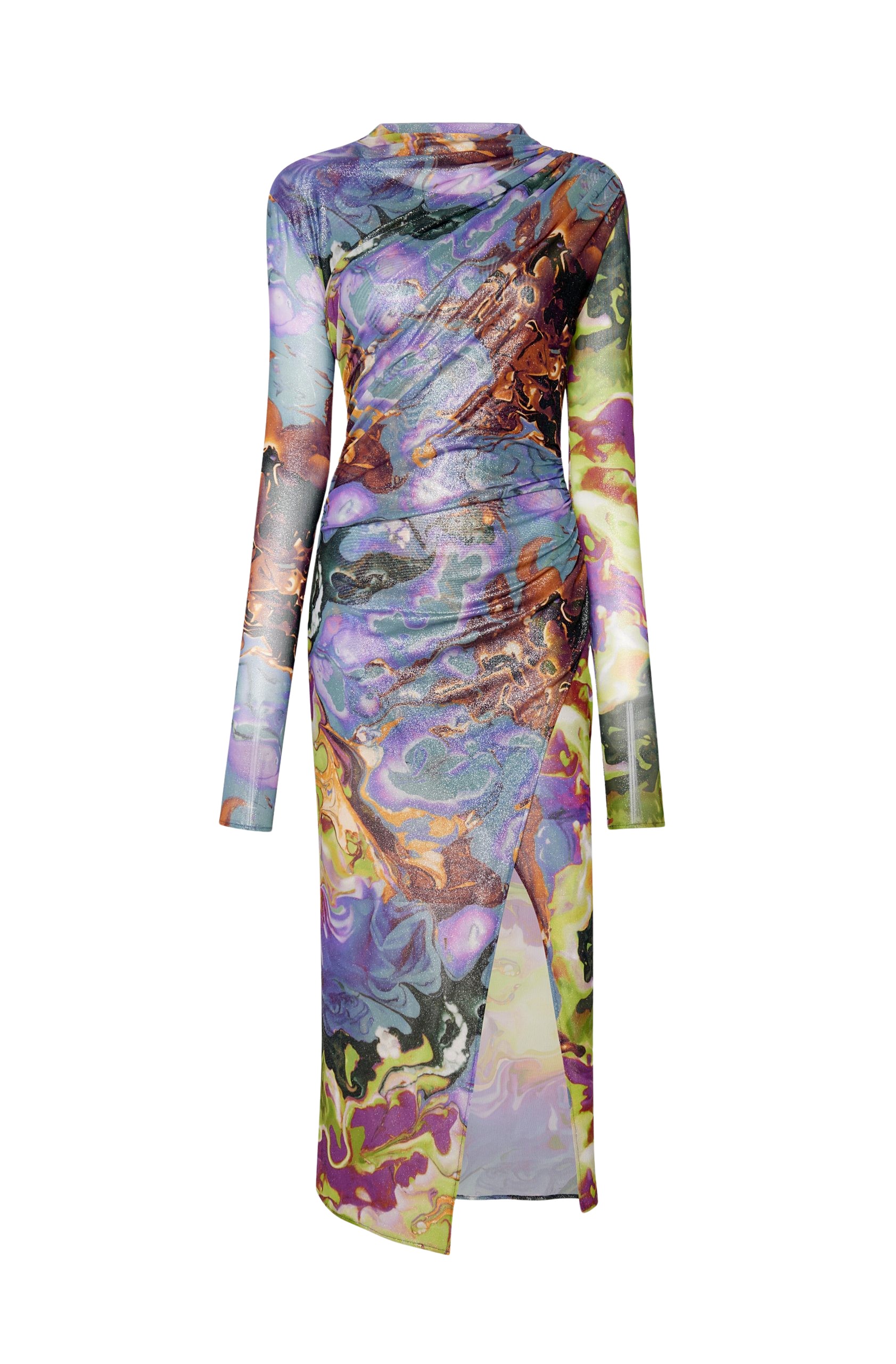 LaPointe Printed Mesh Draped Midi Dress