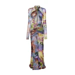 Printed Mesh Halter Ruched Gown