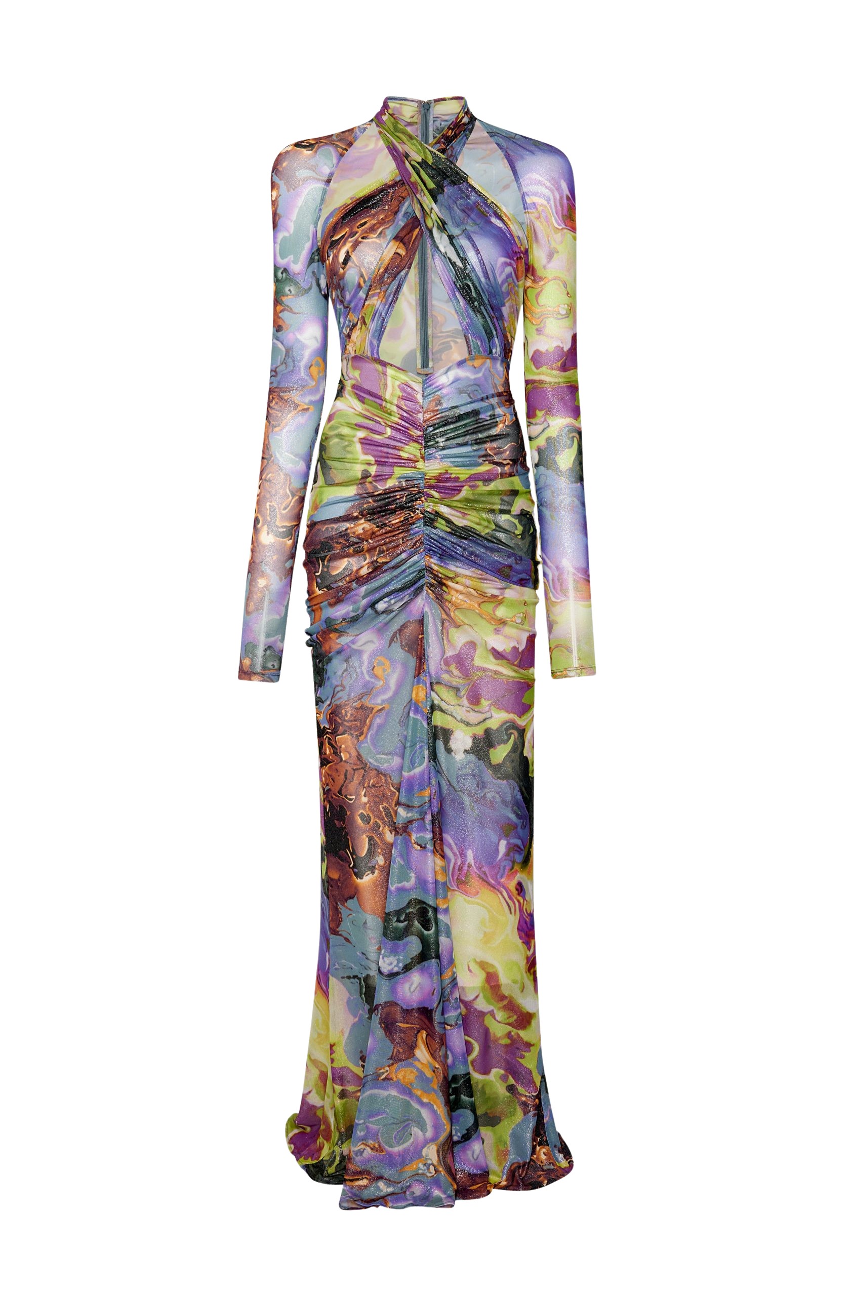 LaPointe Printed Mesh Halter Ruched Gown