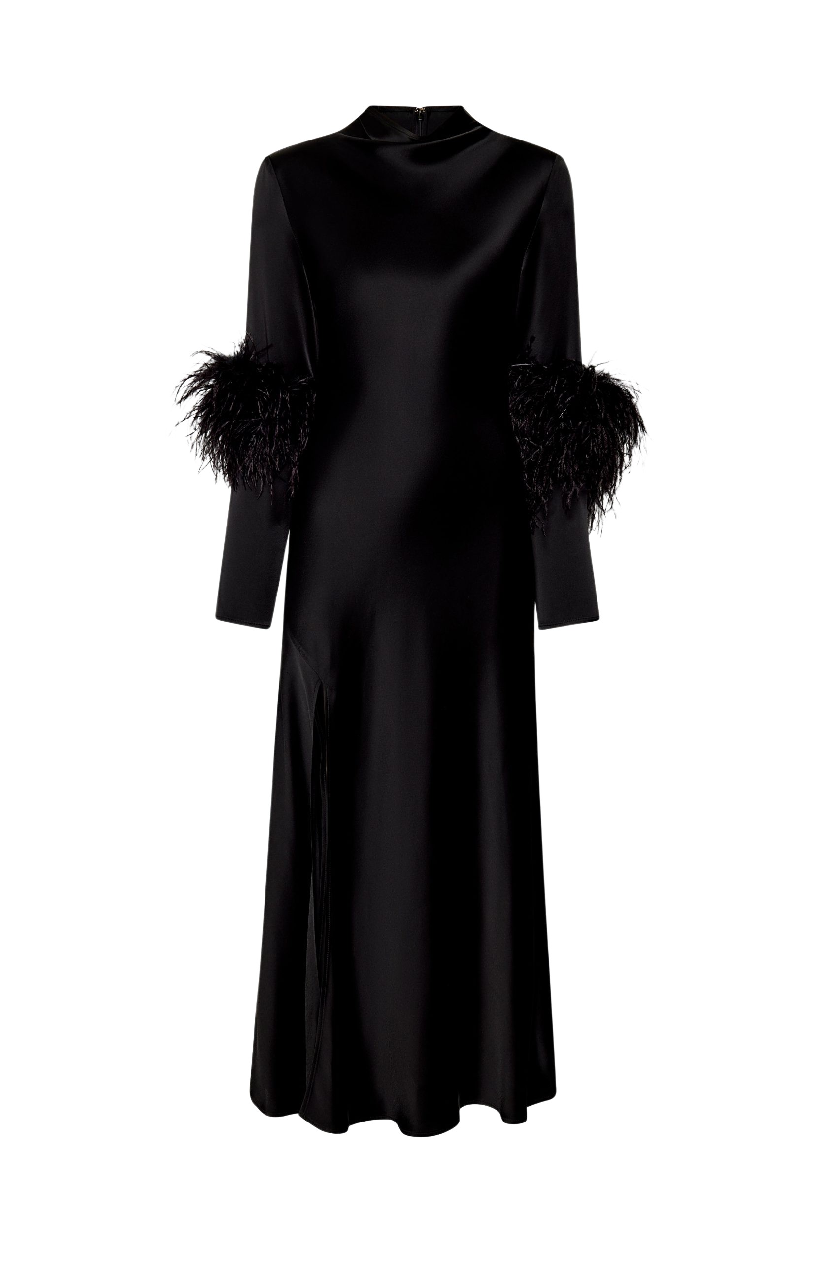LaPointe Satin Draped Neck Bias Dress With Feathers