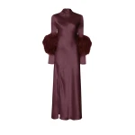 Satin Draped Neck Bias Dress With Feathers