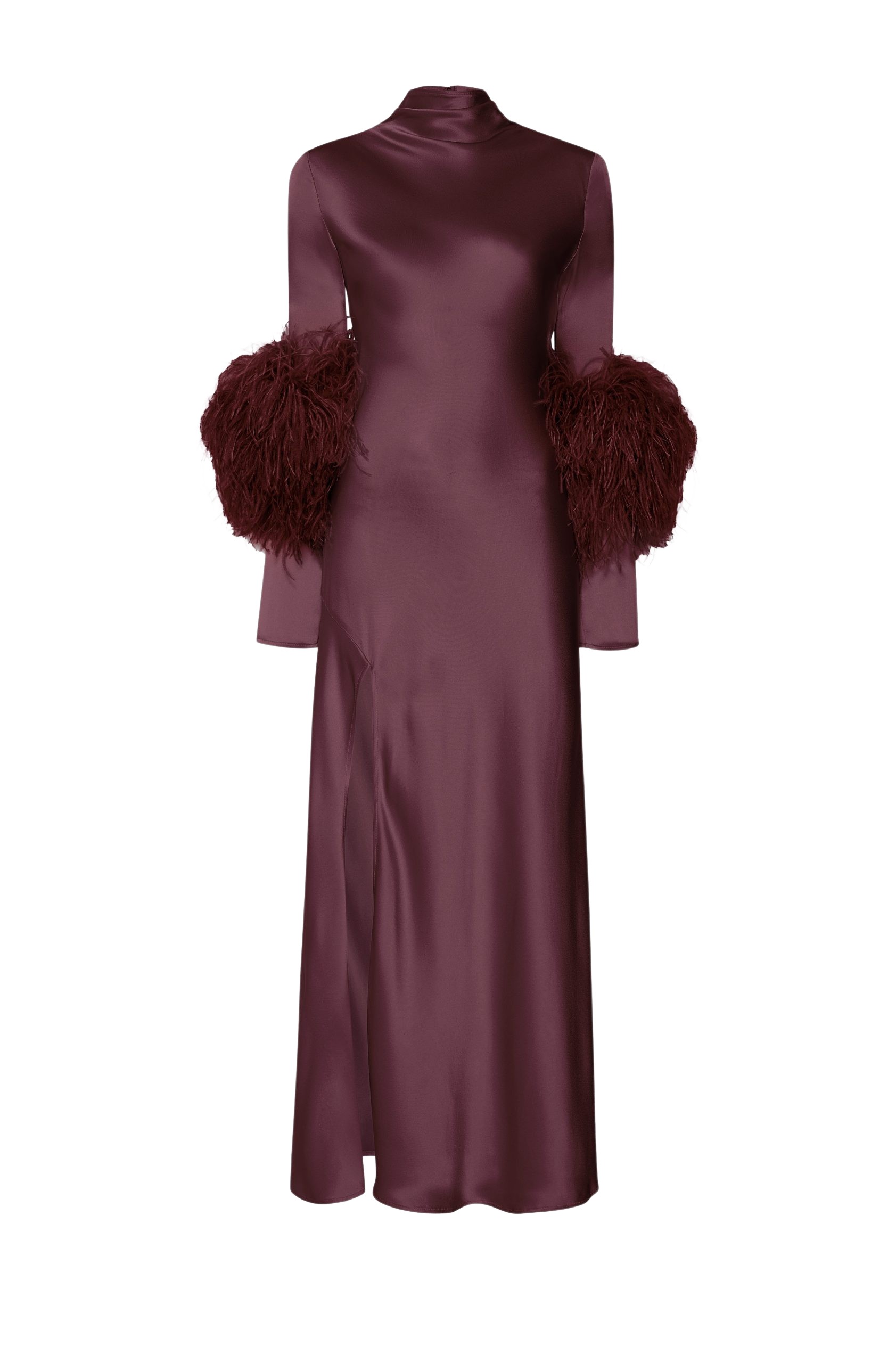 LaPointe Satin Draped Neck Bias Dress With Feathers