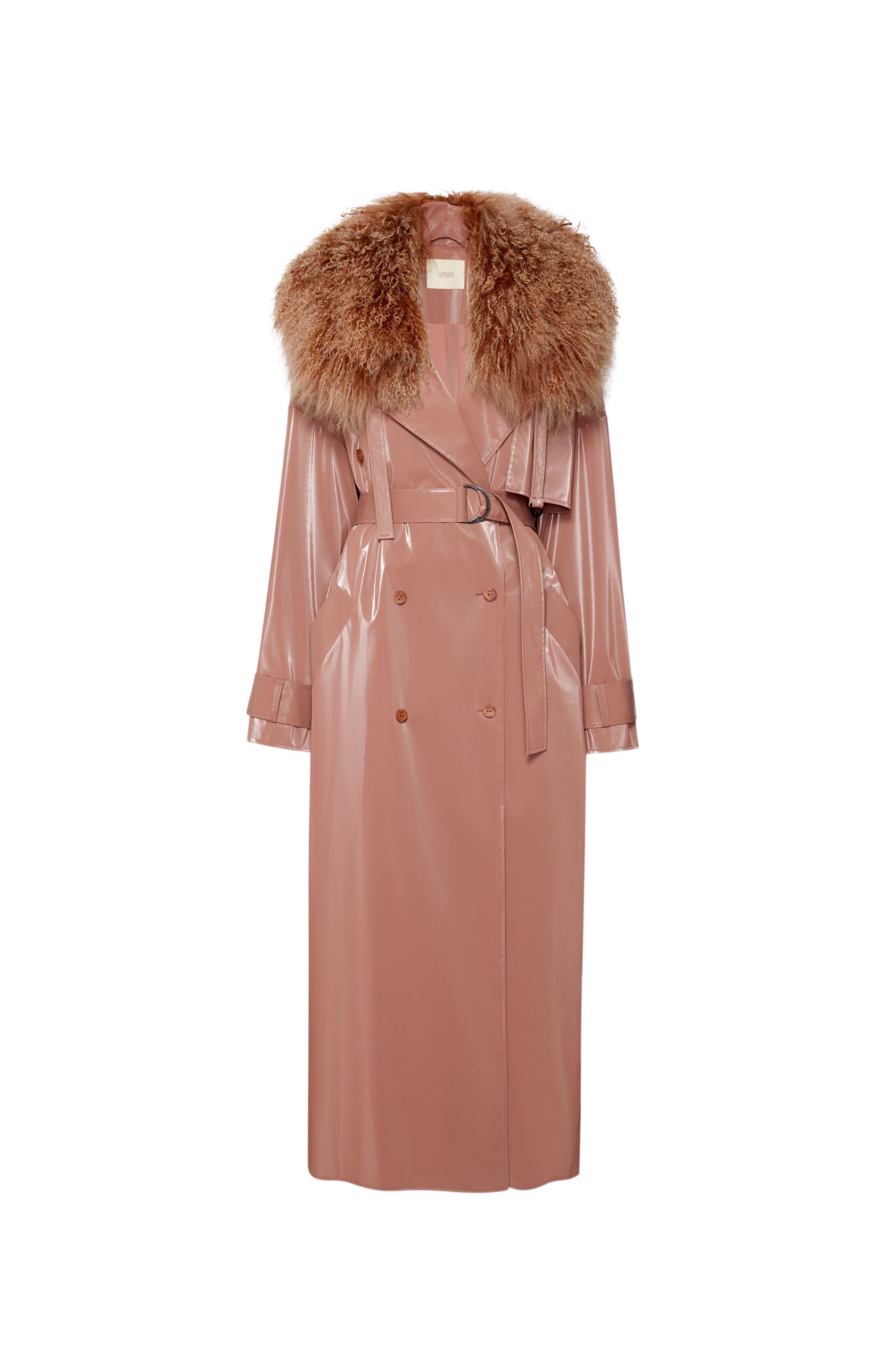 LaPointe Vinyl Double Breasted Trench With Shearling Collar Coat