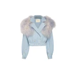 Washed Denim Biker Jacket With Shearling Collar