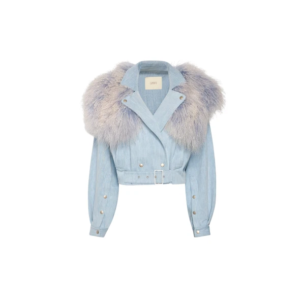 Washed Denim Biker Jacket With Shearling Collar