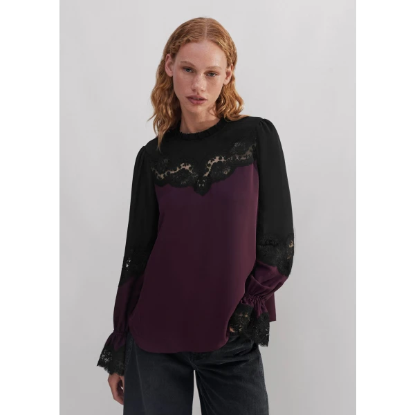 Silk Color Block Lace Trim Blouse - Image 5