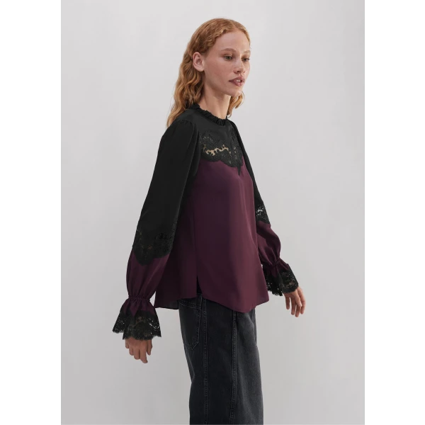 Silk Color Block Lace Trim Blouse - Image 6