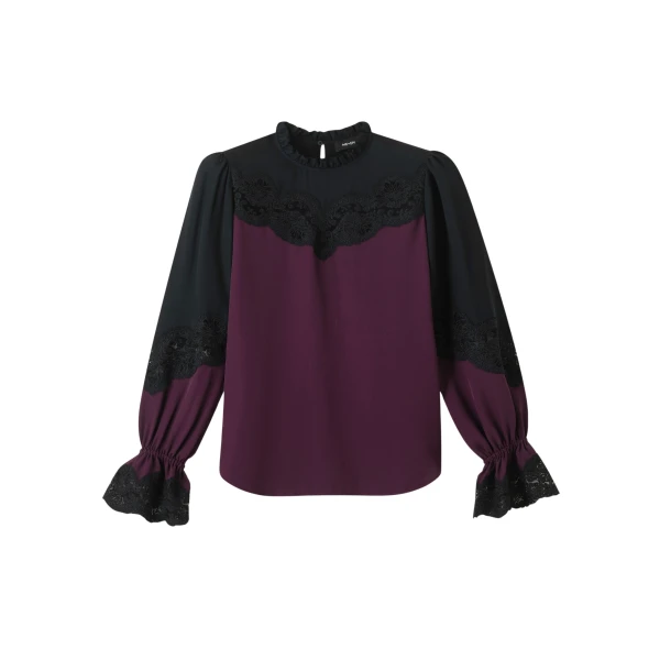 Silk Color Block Lace Trim Blouse