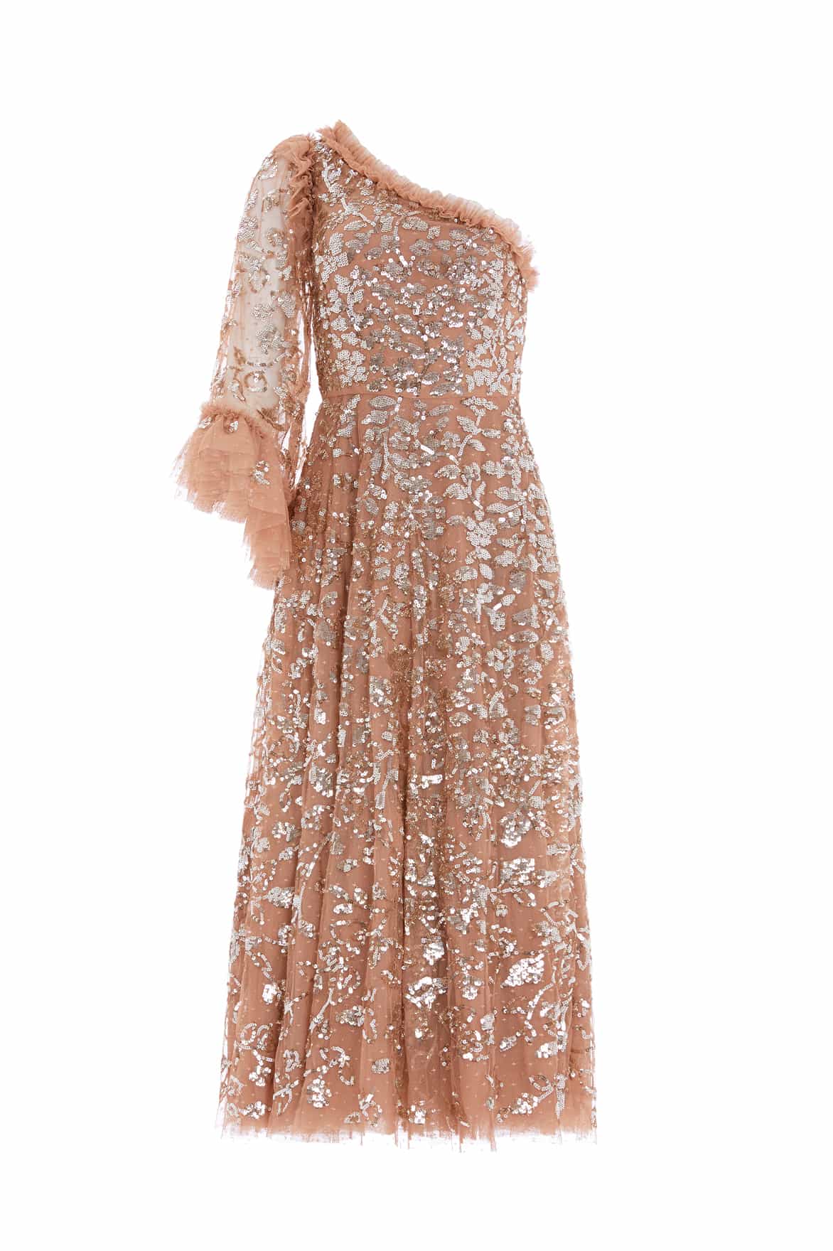 Needle and Thread Falling Leaves One-Shoulder Ankle Gown