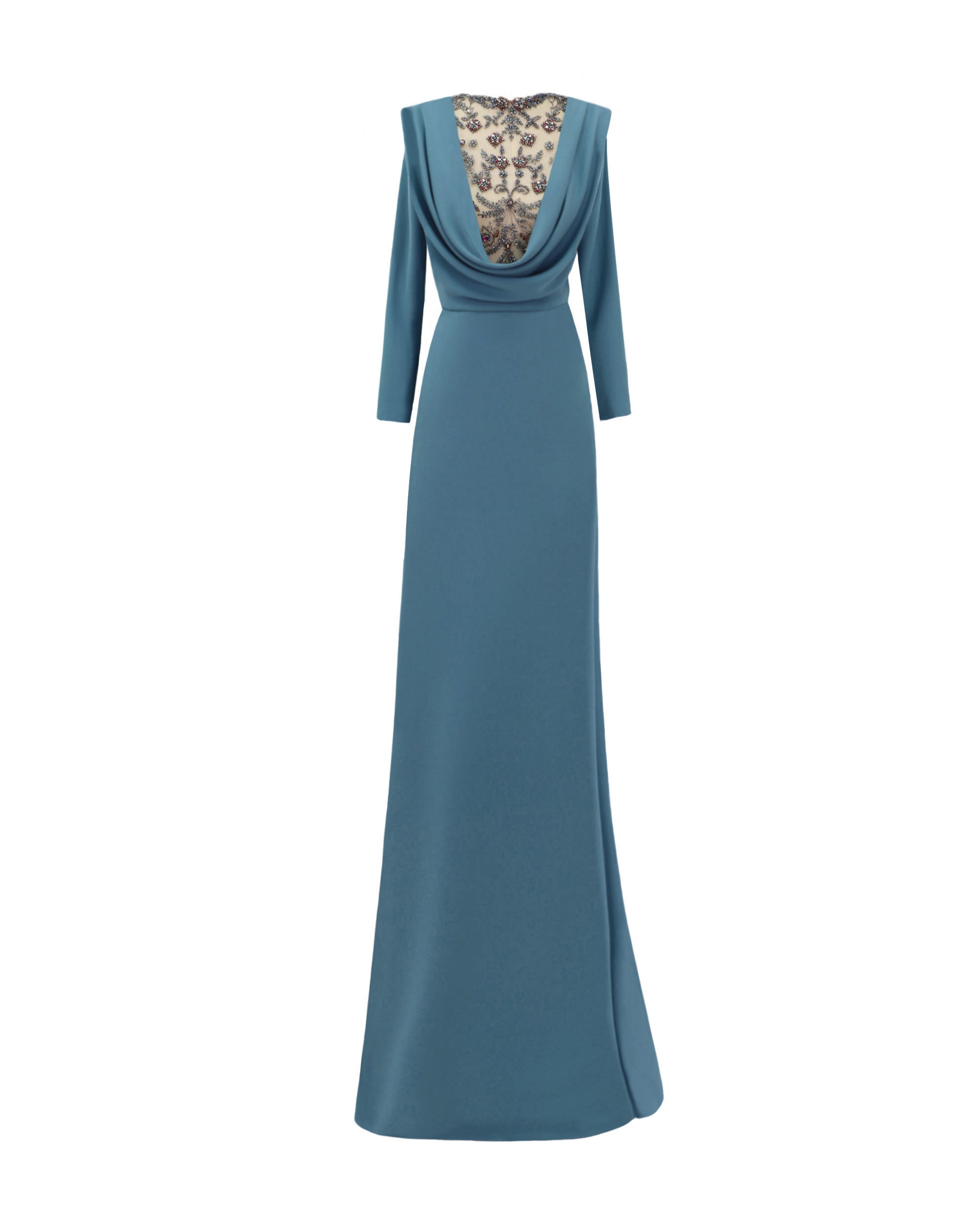 Gemy Maalouf Long Sleeved Beaded Cowl-Neckline Crepe Dress