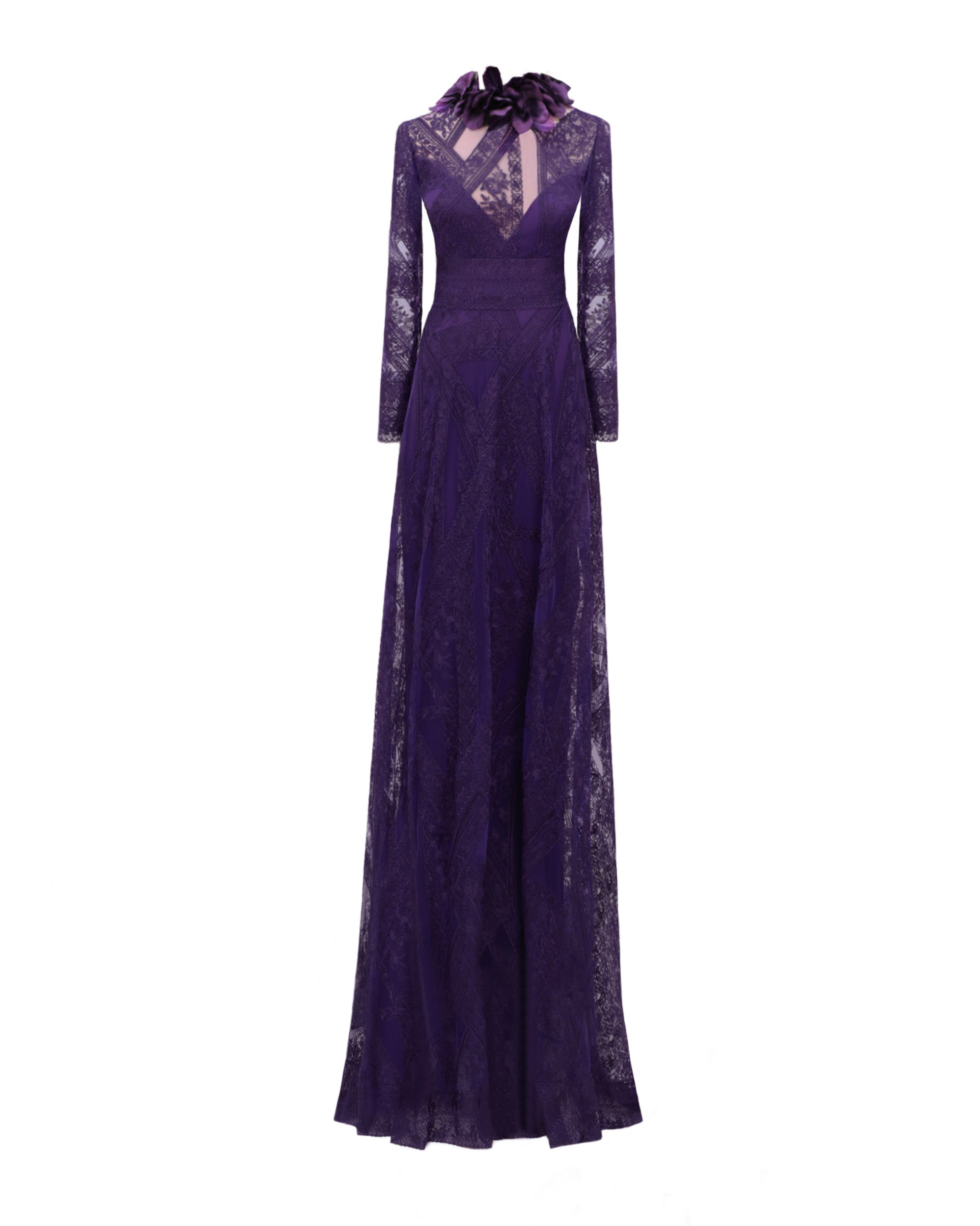 Gemy Maalouf Patterned Lace Long Sleeves Dress