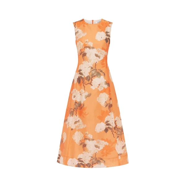 Cleo Sleeveless Midi Dress - Hydrangea Print in Tangerine