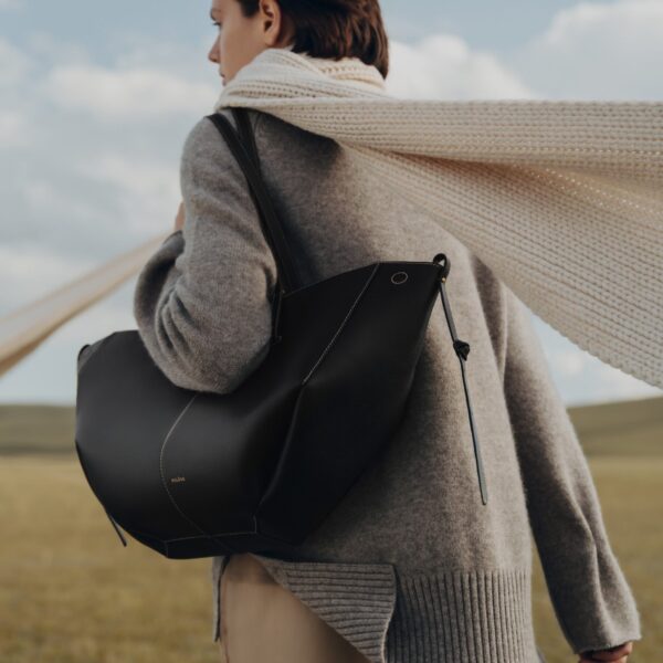 Polene Cyme Edition Textured Black With Ecru Stitching Bag, view 2