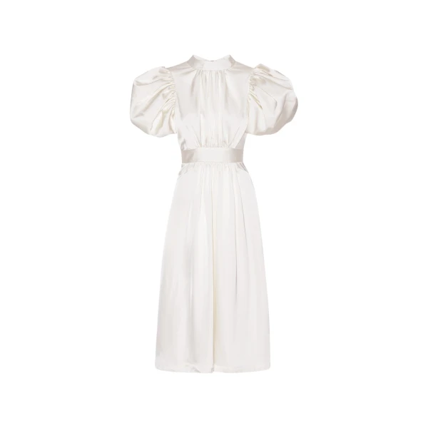 Satin Puff Midi Dress White