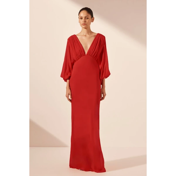 Amina Plunge Balloon Sleeve Maxi Dress - Chilli - Image 7
