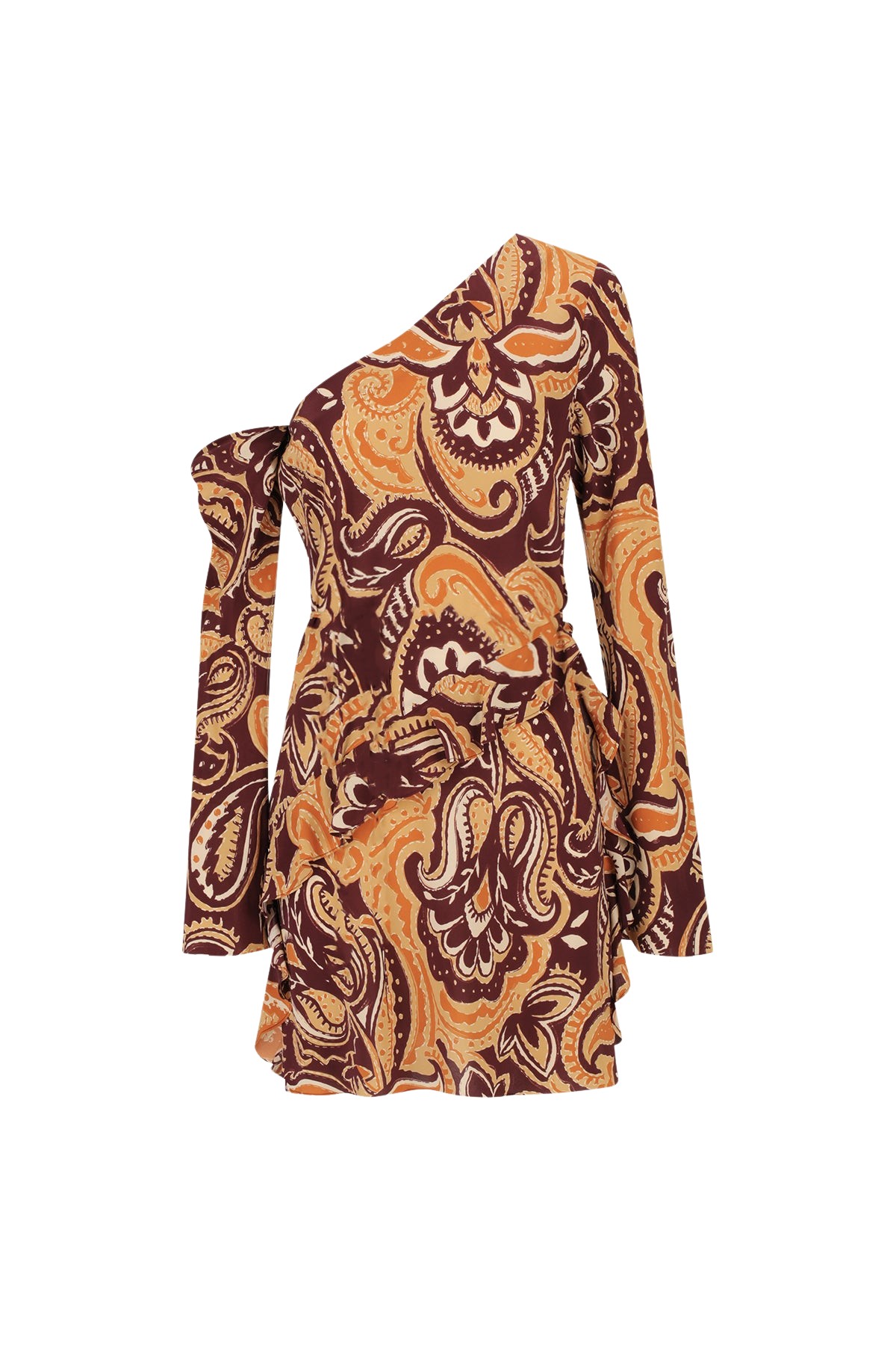 Shona Joy Zahra Silk Asymmetrical Long Sleeve Ruffle Mini Dress
