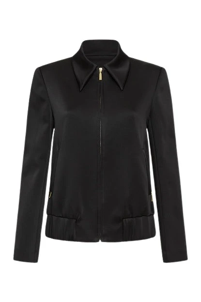 Carla-Zampatti-Black-Bonded-Satin-Long-Bomber-Jacket25455_nobg Black Bonded Satin Long Bomber Jacket - Image 1