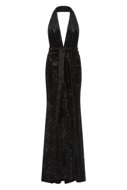 Carla-Zampatti-Black-Caviar-Velvet-Deep-V-Gown99219_nobg Black Caviar Velvet Deep V Gown - Image 1