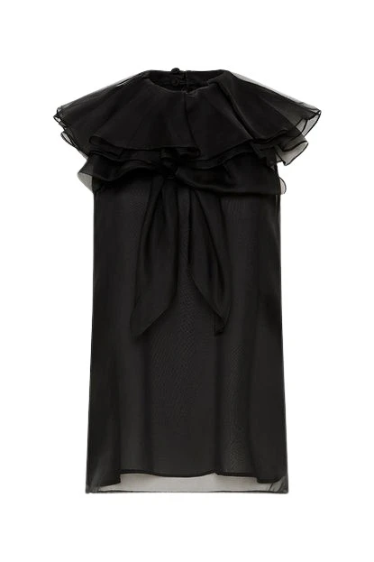 Carla-Zampatti-Black-Silk-Organza-Ruffle-Neck-Top30379_nobg Black Silk Organza Ruffle Neck Top - Image 1