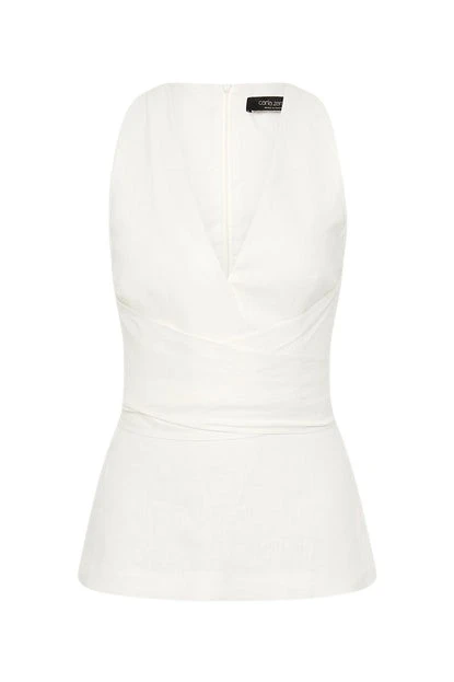 Carla-Zampatti-Ivory-Linen-V-Neck-Wrap-Top61976_nobg Ivory Linen V-Neck Wrap Top - Image 1