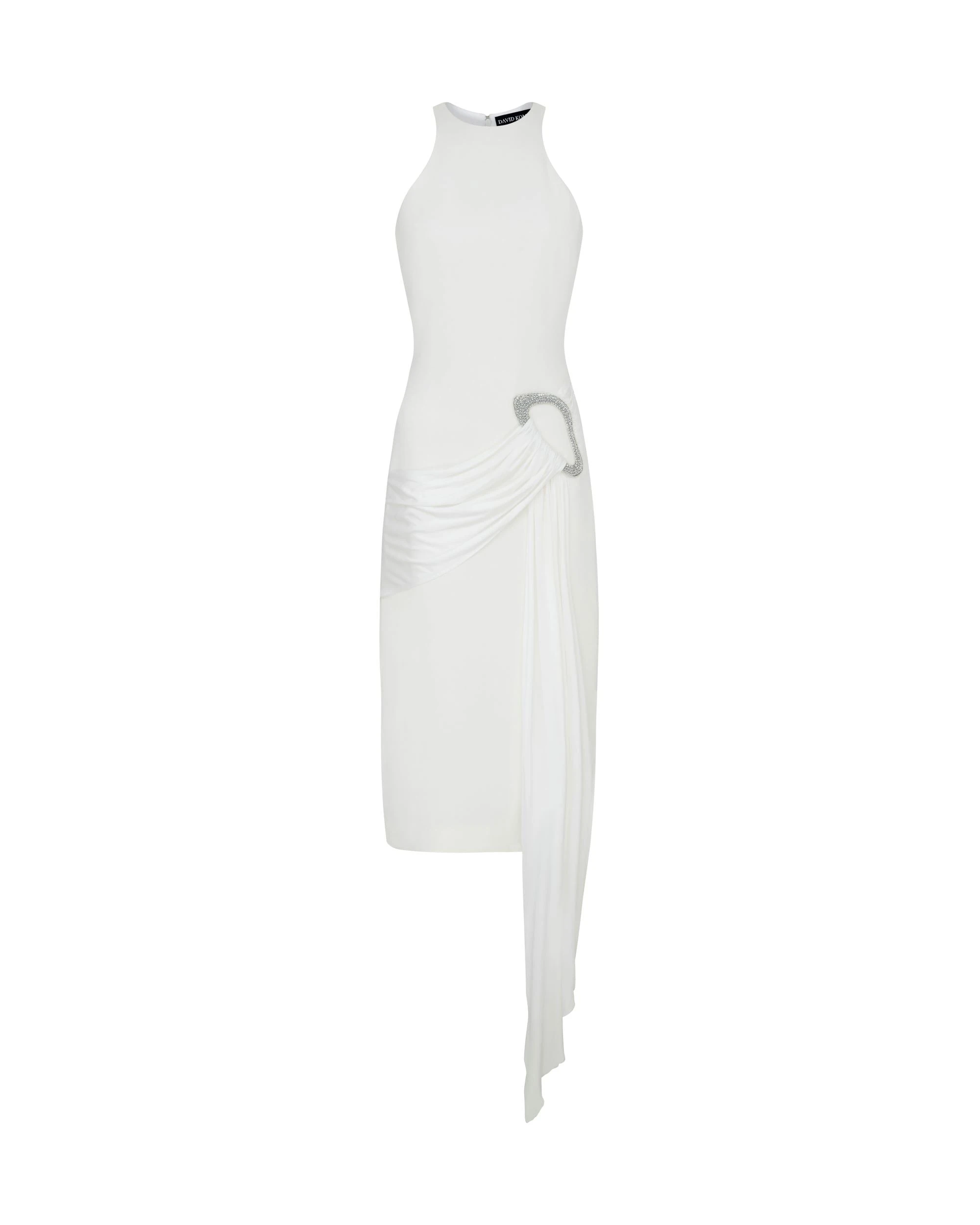 David Koma Crystal Buckle And Drape Detail Midi Dress David Koma Crystal Buckle And Drape Detail Midi Dress