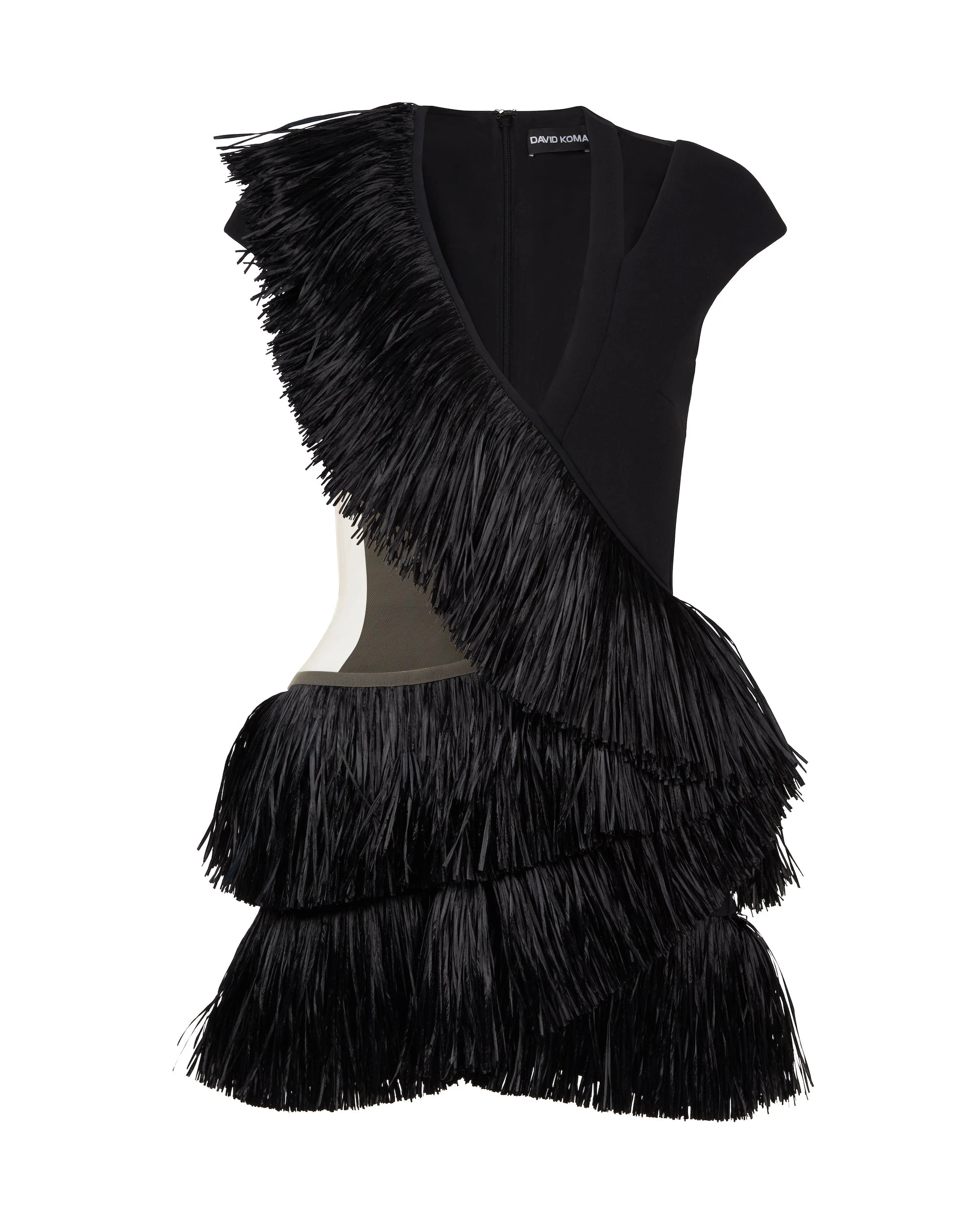 David Koma Raffia Fringe And Tulle Cutout Mini Dress David Koma Raffia Fringe And Tulle Cutout Mini Dress