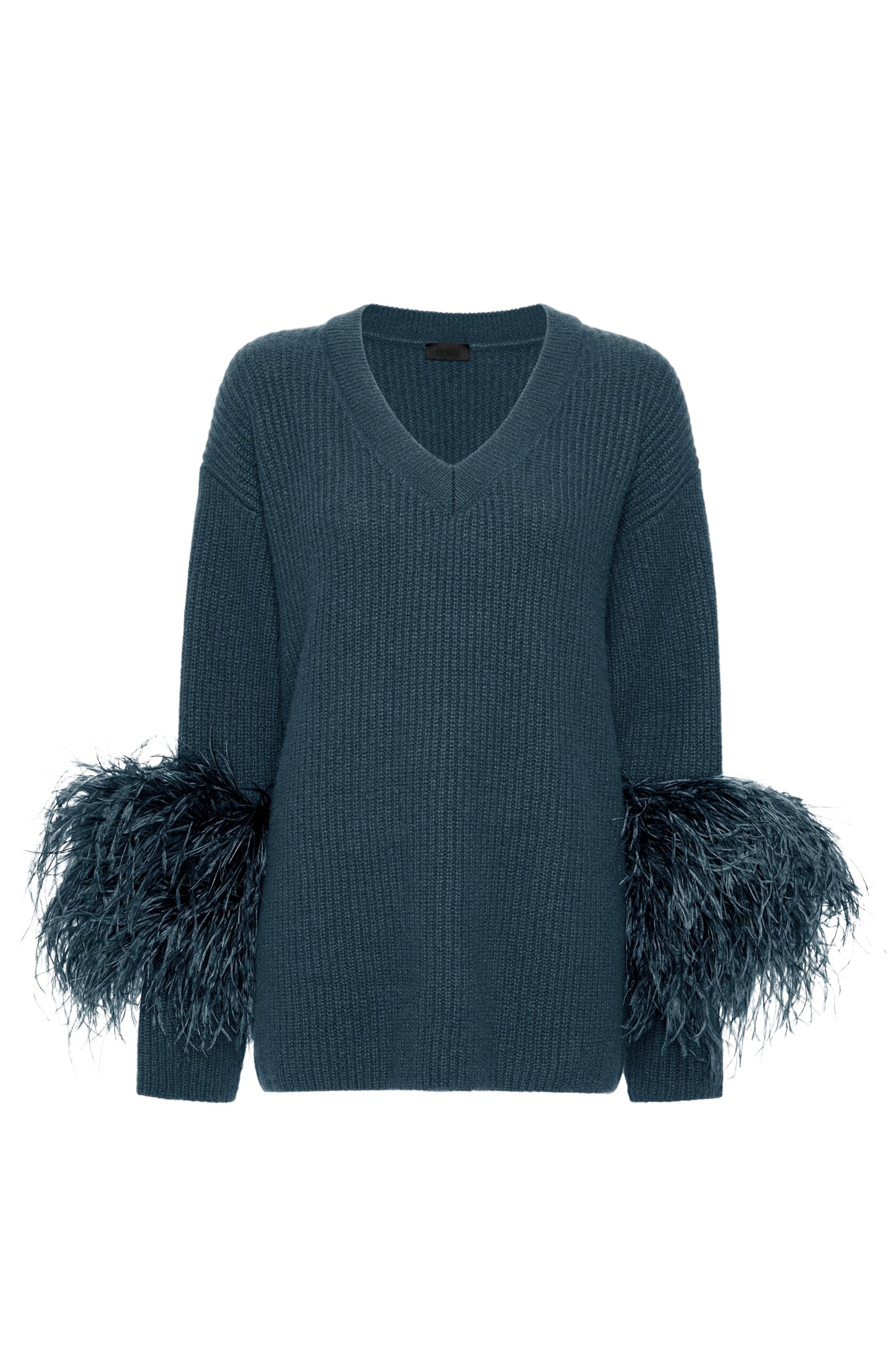 LaPointe Cashmere V Neck Sweater With Feathers