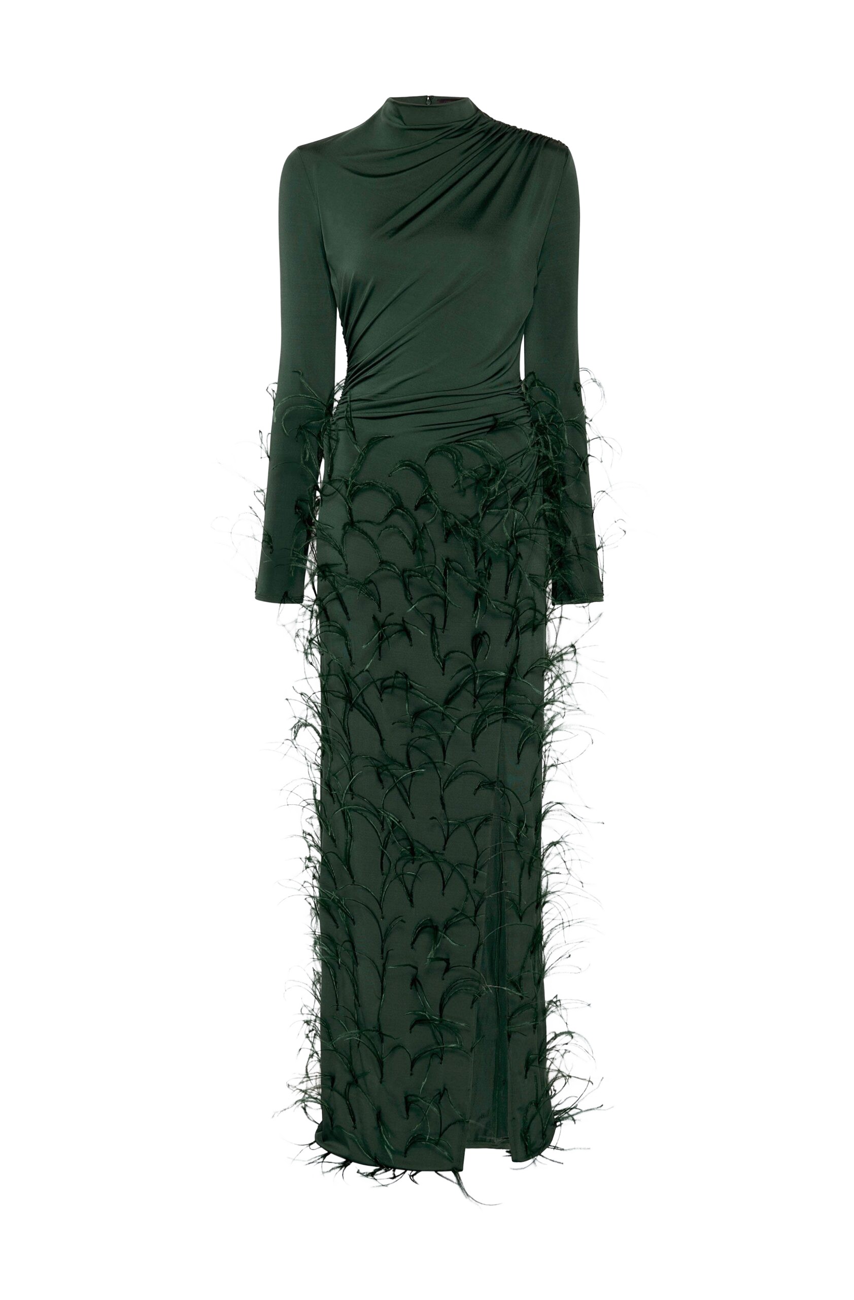 LaPointe Jersey Draped Gown With Feathers