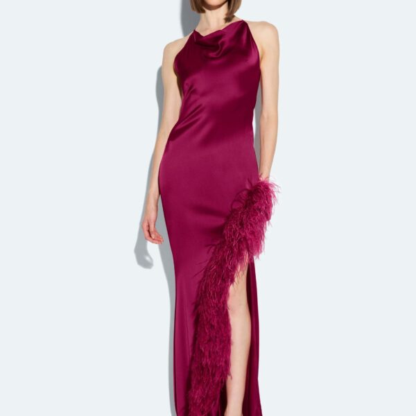 LaPointe Satin Halter Gown With Feathers, view 4