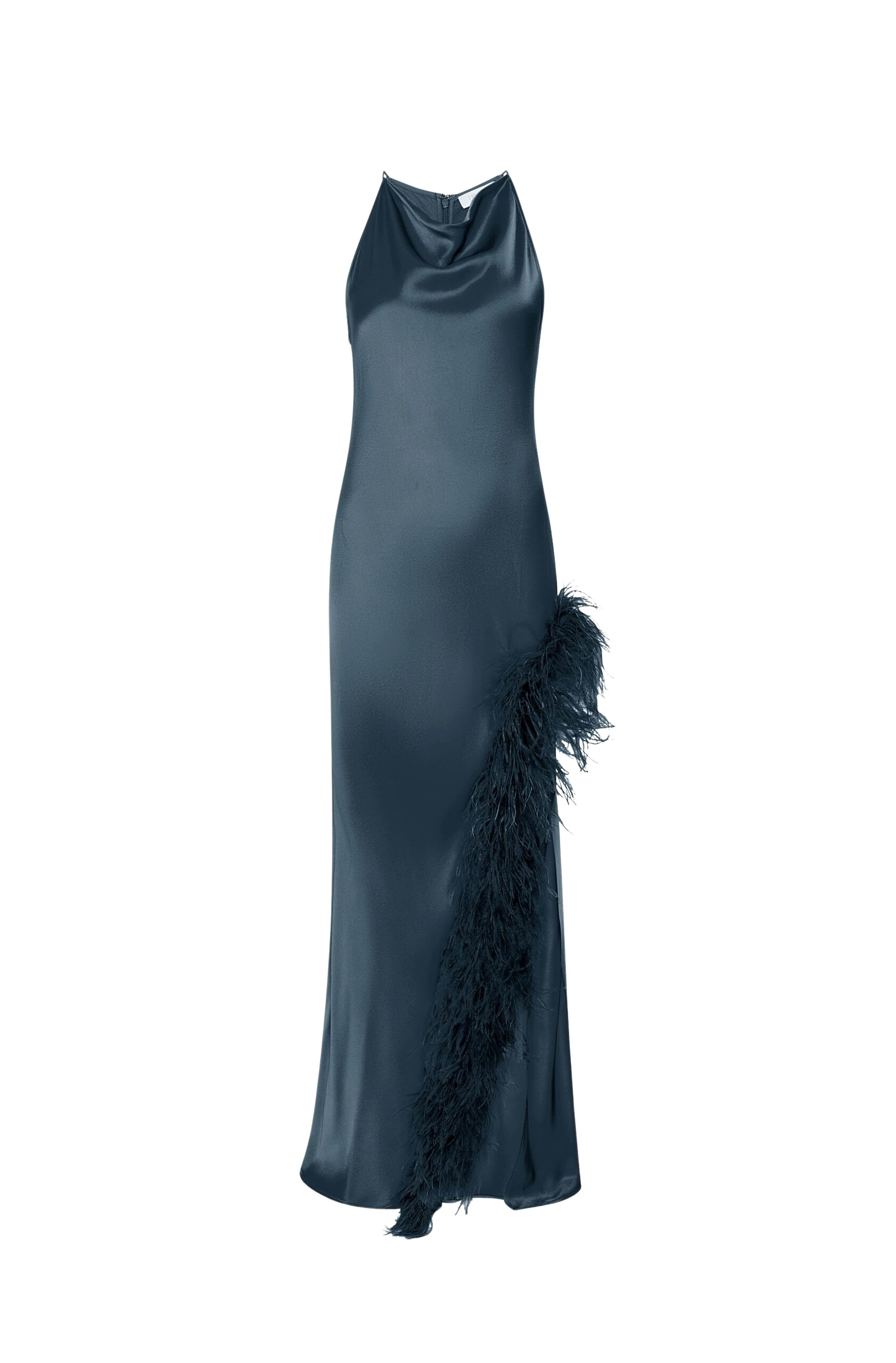 LaPointe Satin Halter Gown With Feathers