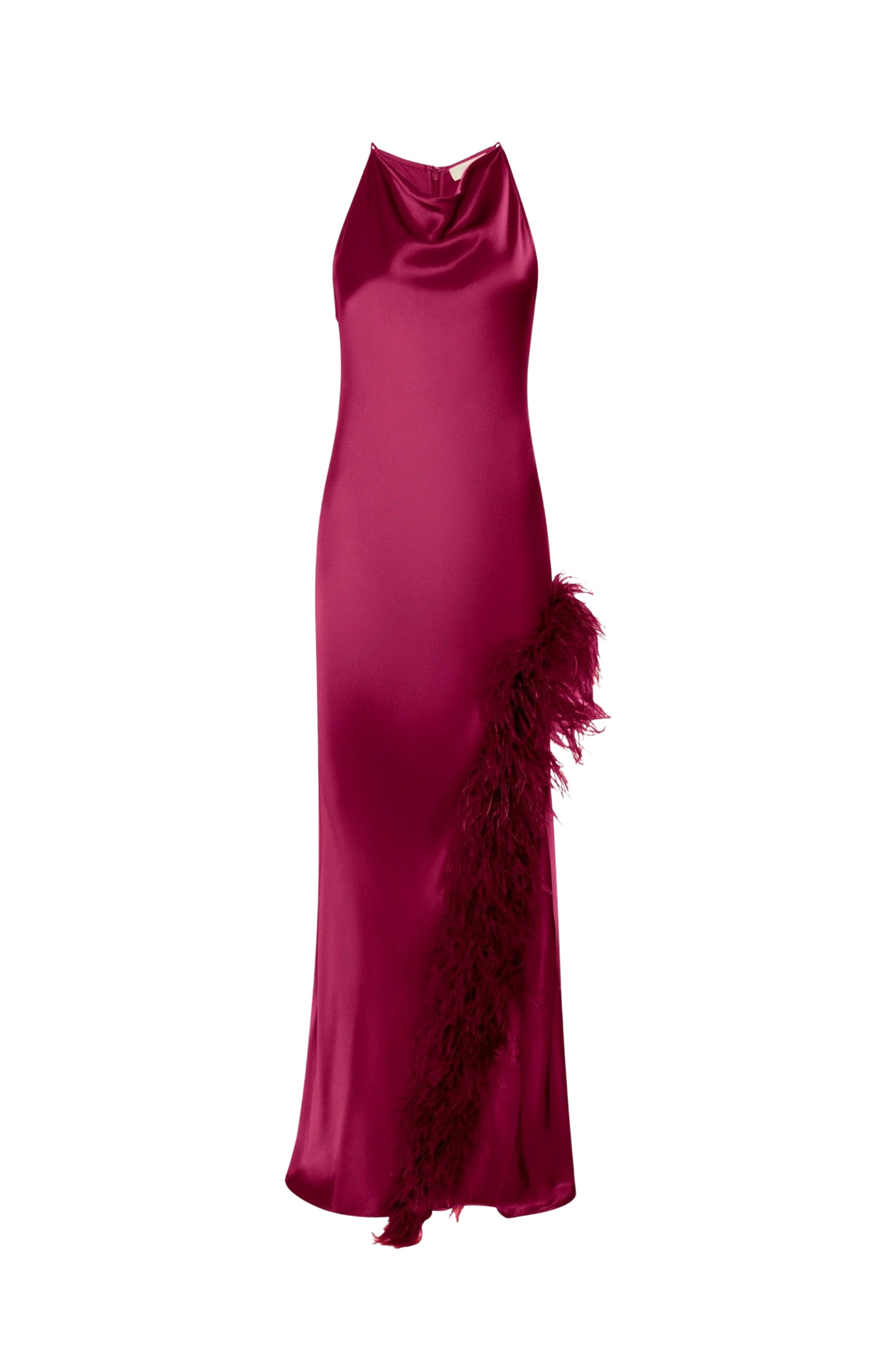LaPointe Satin Halter Gown With Feathers