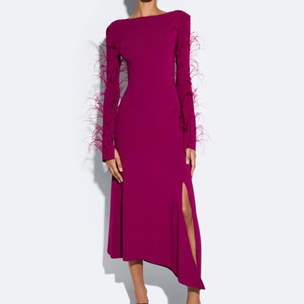 LaPointe Viscose Boatneck Dress With Feathers, view 5