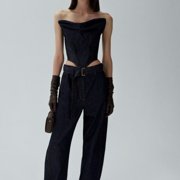 Magda Butrym Draped strapless denim corset Top in navy