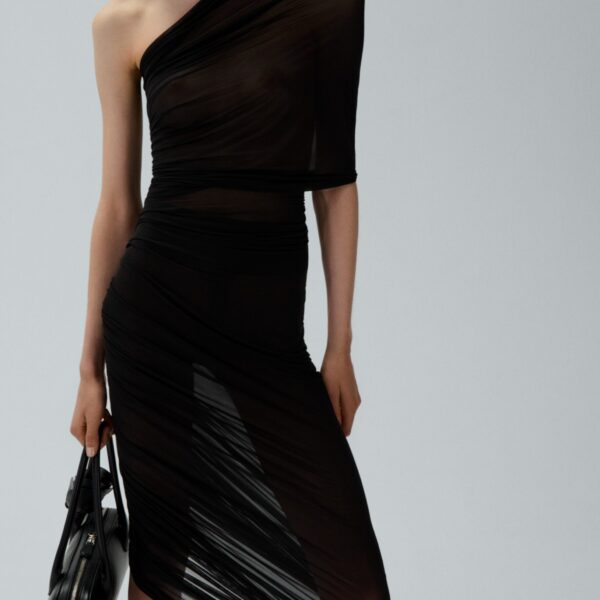 Magda Butrym One shoulder draped midi dress in black