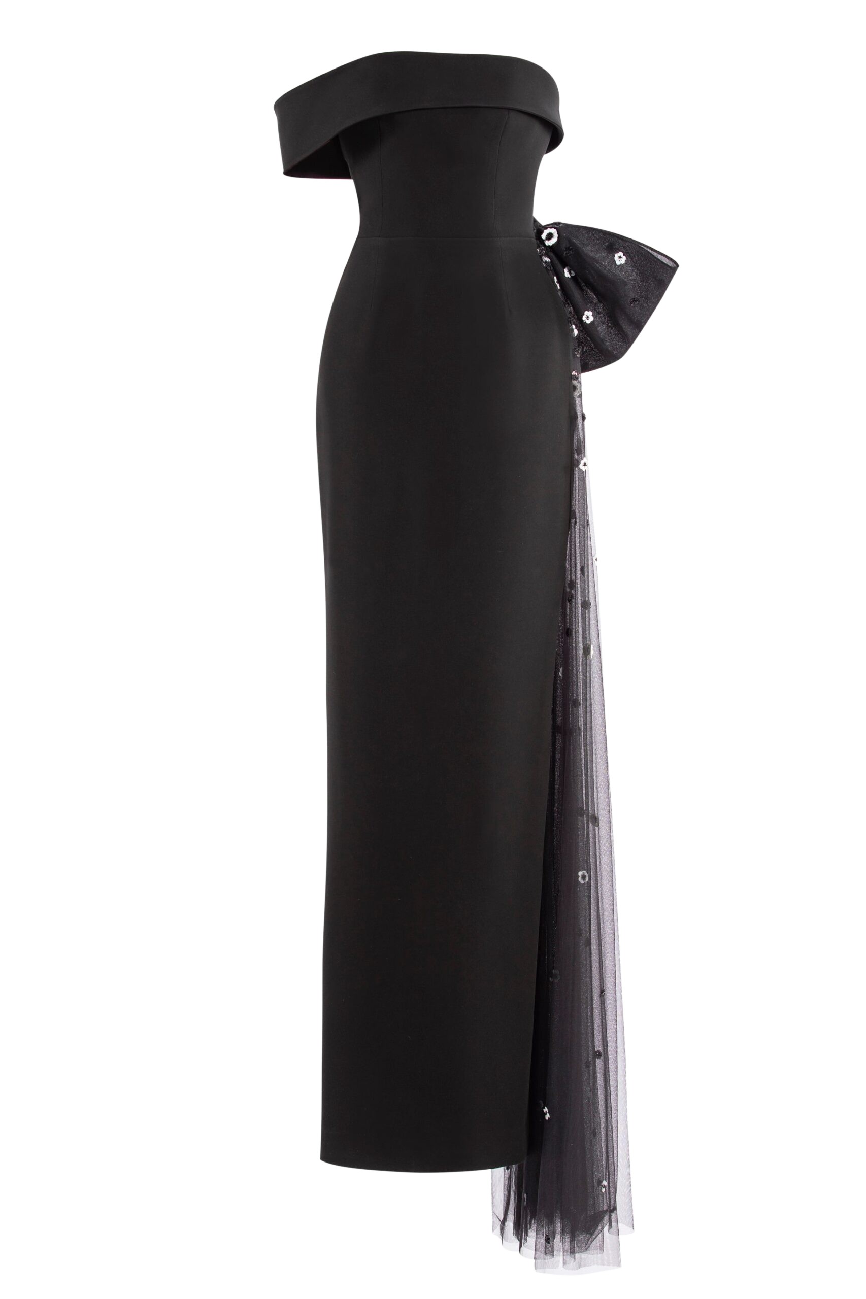 Saiid Kobeisy Crepe off-shoulder dress with a tulle bow and tail on the back